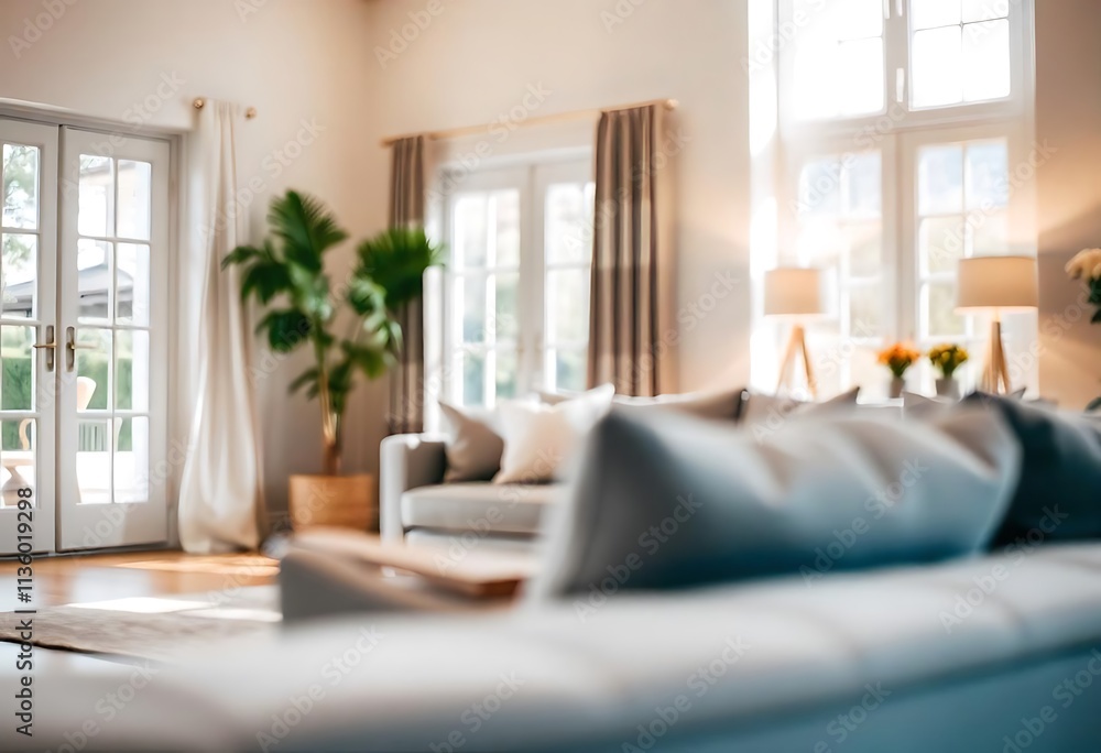 Fototapeta premium Blurred view of light living room with sofa and soft bench