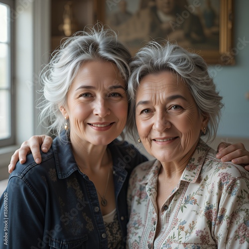 Two elderly sisters embrace, radiating happiness and a strong bond. A heartwarming portrait capturing sisterly love. photo