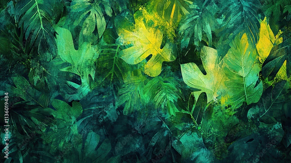 Obraz premium Lush Green Tropical Leaves Artistic Painting