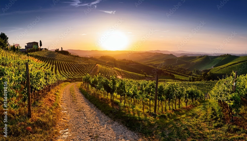 Fototapeta premium a beautiful view of a vineyard at sunset 