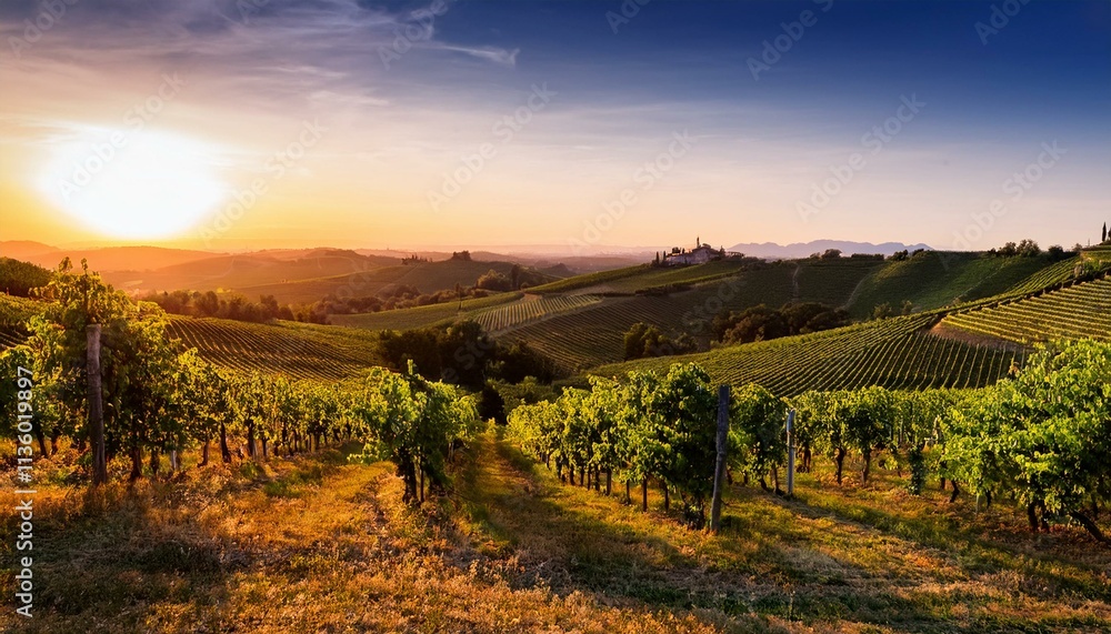 Fototapeta premium a beautiful view of a vineyard at sunset 