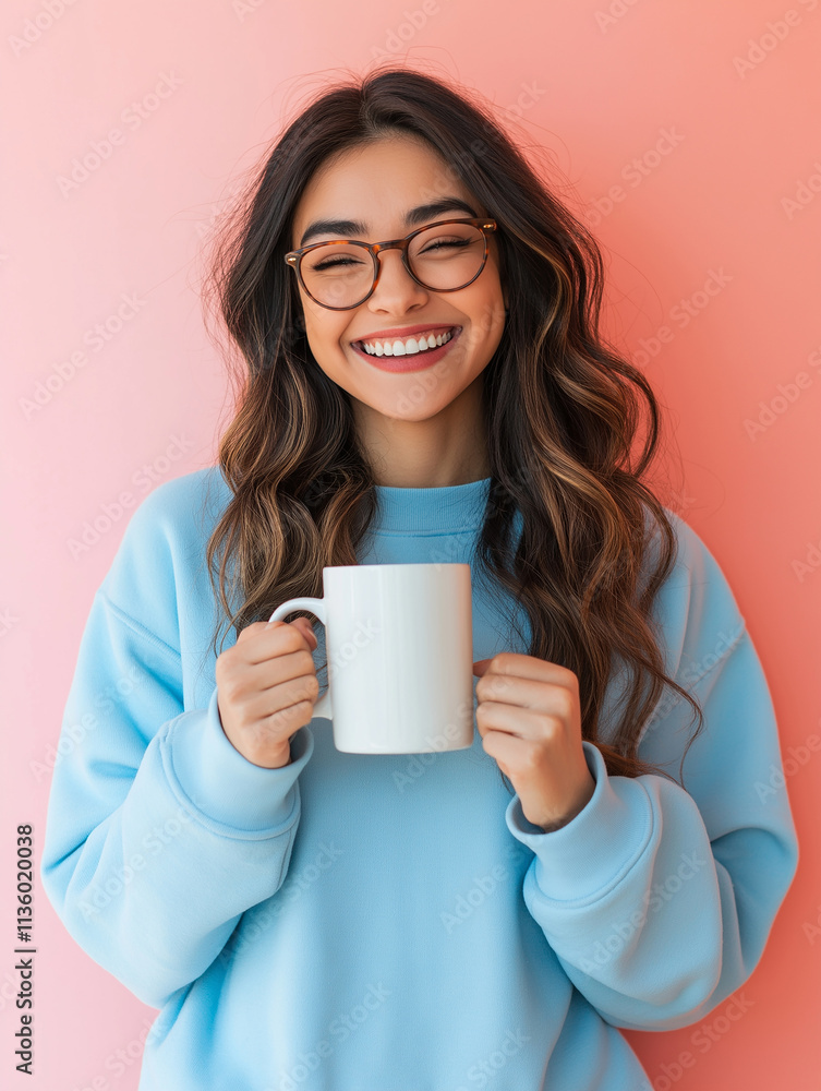 A smiling woman wearing glasses and holding a coffee mug in front of a colorful background, dressed in a sweatshirt. A smiling woman wearing glasses and holding a coffee mug in front of a colorful background, dressed in a sweatshirt.