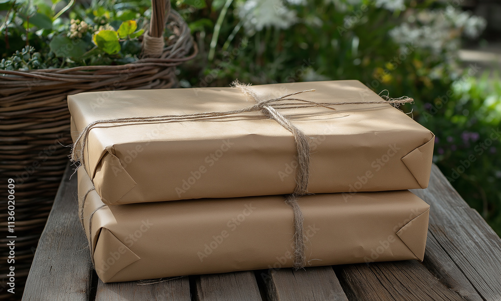 Two plain brown kraft paper-wrapped gifts on a rustic wooden table