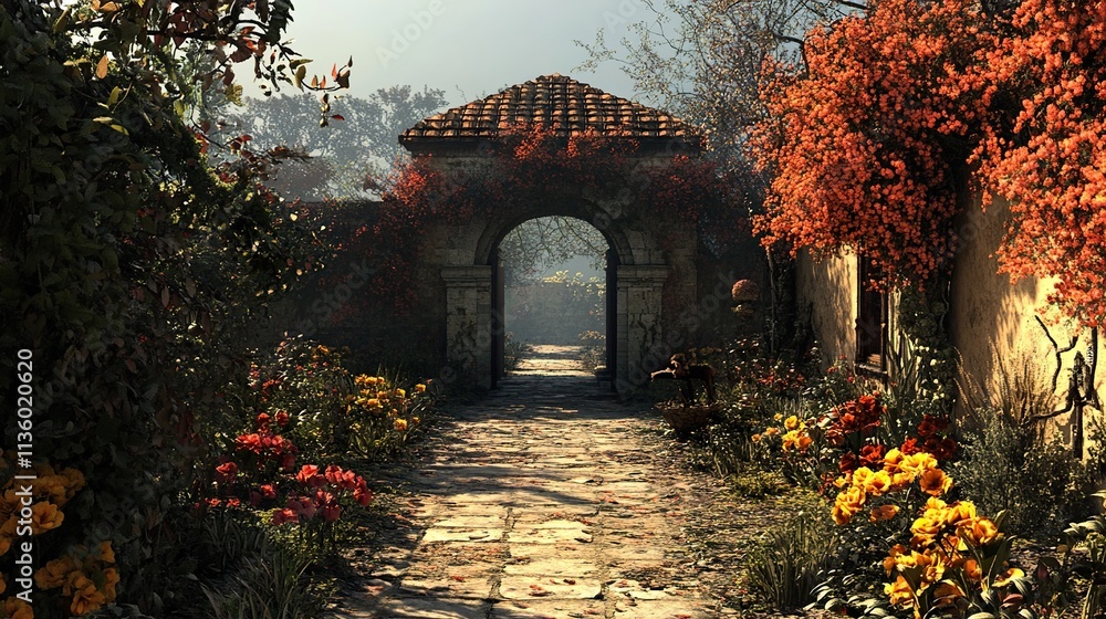 Sunlit Garden Path Archway: A Serene Landscape Sunlit Garden Path Archway: A Serene Landscape