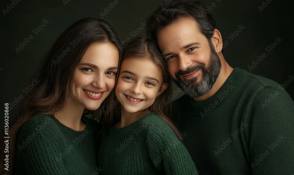 Portrait of a happy family, a daughter, mother, and father smiling at the camera, wearing sweaters Portrait of a happy family, a daughter, mother, and father smiling at the camera, wearing sweaters