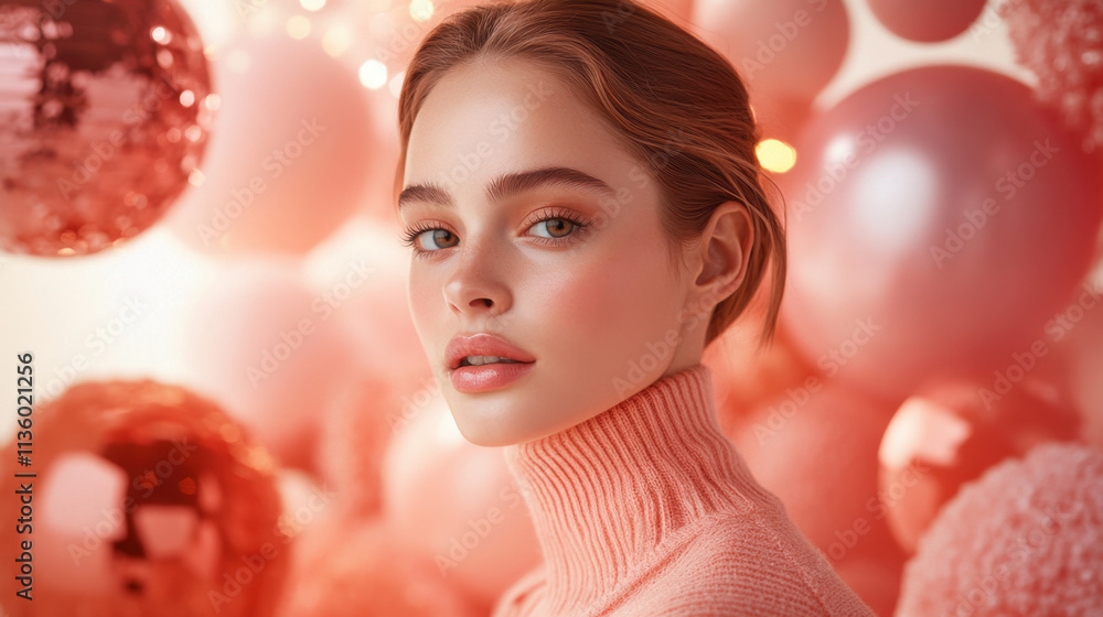 A young woman with a soft makeup look wears a pink turtleneck while posing against a backdrop of pink balloons and shiny decorations, suggesting a celebratory atmosphere. A young woman with a soft makeup look wears a pink turtleneck while posing against a backdrop of pink balloons and shiny decorations, suggesting a celebratory atmosphere.