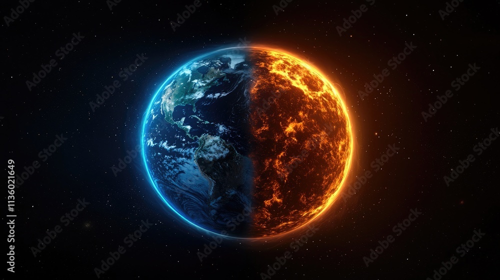 Dramatic climate change impact earth and sun digital art cosmic environment aerial perspective global warming concept Dramatic climate change impact earth and sun digital art cosmic environment aerial perspective global warming concept