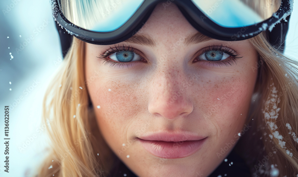 Close-up portrait of a beautiful blonde woman with blue eyes wearing ski goggles, in a snowy setting Close-up portrait of a beautiful blonde woman with blue eyes wearing ski goggles, in a snowy setting