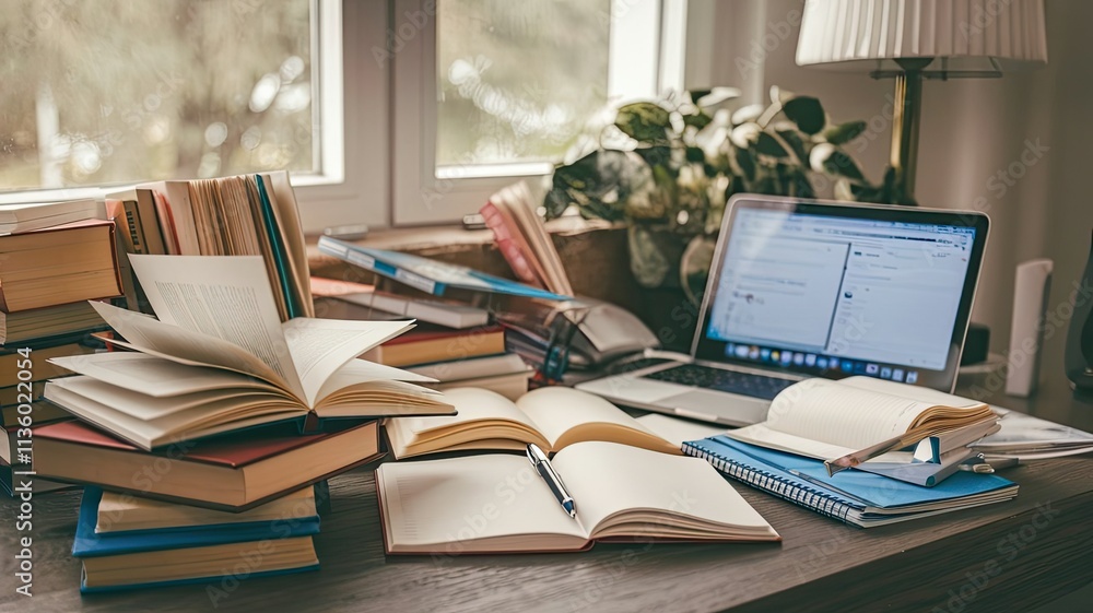 Messy reading table near a window filled with open books a laptop stationery and houseplants creating a cozy study atmosphere in natural light Messy reading table near a window filled with open books a laptop stationery and houseplants creating a cozy study atmosphere in natural light