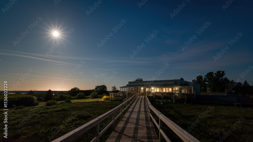 Under a serene moonlit sky a gentle glow illuminates a waterfront area with a cozy building nestled amidst soft greenery creating a calm atmosphere Under a serene moonlit sky a gentle glow illuminates a waterfront area with a cozy building nestled amidst soft greenery creating a calm atmosphere