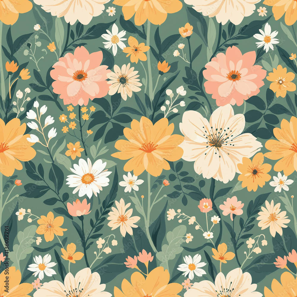 Seamless pattern with flowers and leaves, floral background, romantic background Seamless pattern with flowers and leaves, floral background, romantic background