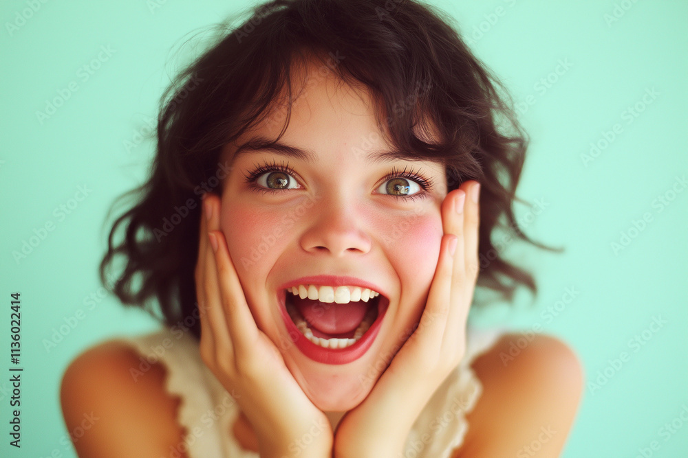 Portrait of an excited woman with an open mouth and hands on her face, against a color background. A beautiful young girl smiling, with red lips Portrait of an excited woman with an open mouth and hands on her face, against a color background. A beautiful young girl smiling, with red lips