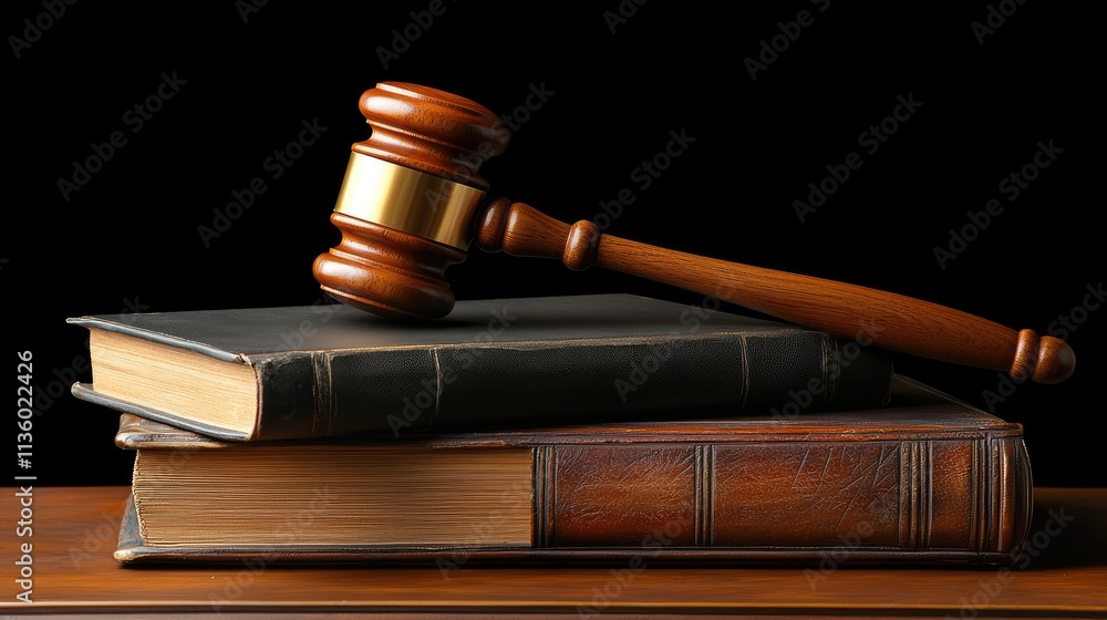Courtroom action legal gavel on law books judicial setting still life dramatic lighting symbol of justice