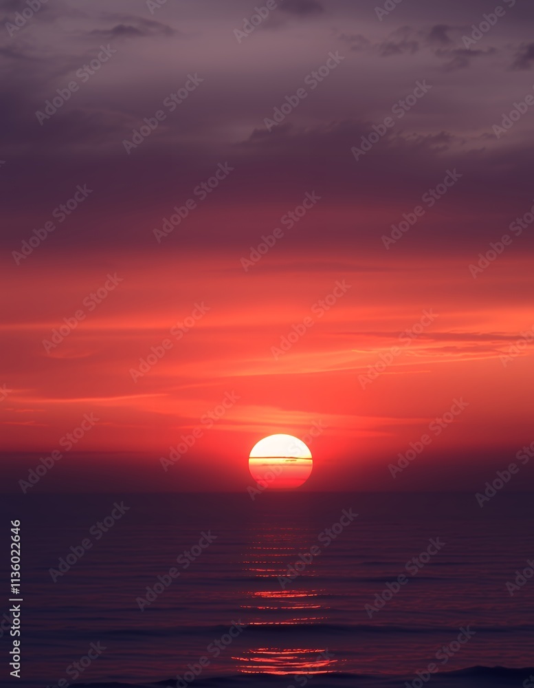 A stunning sunset over a calm ocean. The sky is ablaze with vibrant red and orange hues, while the sun's reflection dances on the water's surface. A stunning sunset over a calm ocean. The sky is ablaze with vibrant red and orange hues, while the sun's reflection dances on the water's surface.
