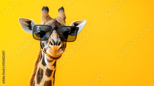 A giraffe wearing sunglasses looks at the camera.