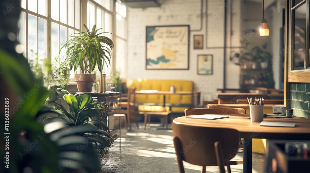 Bright and Cozy Cafe with Green Plants and Wooden Tables for a Relaxed Atmosphere Bright and Cozy Cafe with Green Plants and Wooden Tables for a Relaxed Atmosphere