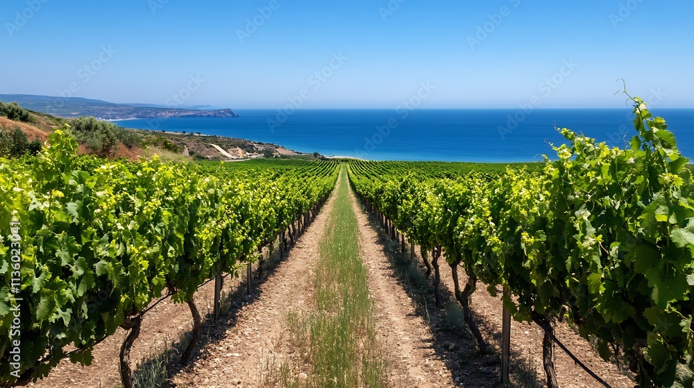 Scenic Vineyard Landscape with Rows of Lush Green Grapevines Overlooking Ocean Horizon : Generative AI Scenic Vineyard Landscape with Rows of Lush Green Grapevines Overlooking Ocean Horizon : Generative AI