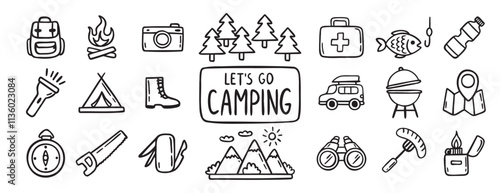 camping equipment doodle hand drawn icon set. Outline drawing camping tourism line clipart symbol collection. Local travel adventure 