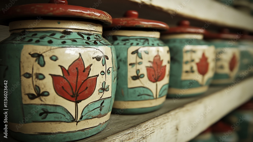 Row of painted ceramic pots with lids on a shelf. Row of painted ceramic pots with lids on a shelf.