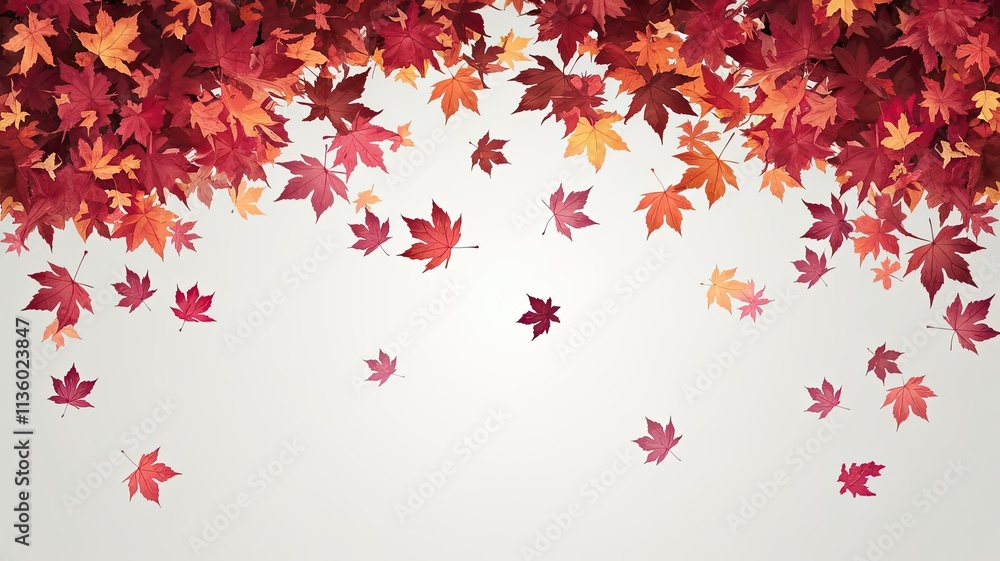 Vibrant maple leaves drift gracefully through the air showcasing their rich red and orange hues on a soft white background highlighting autumns charm Vibrant maple leaves drift gracefully through the air showcasing their rich red and orange hues on a soft white background highlighting autumns charm