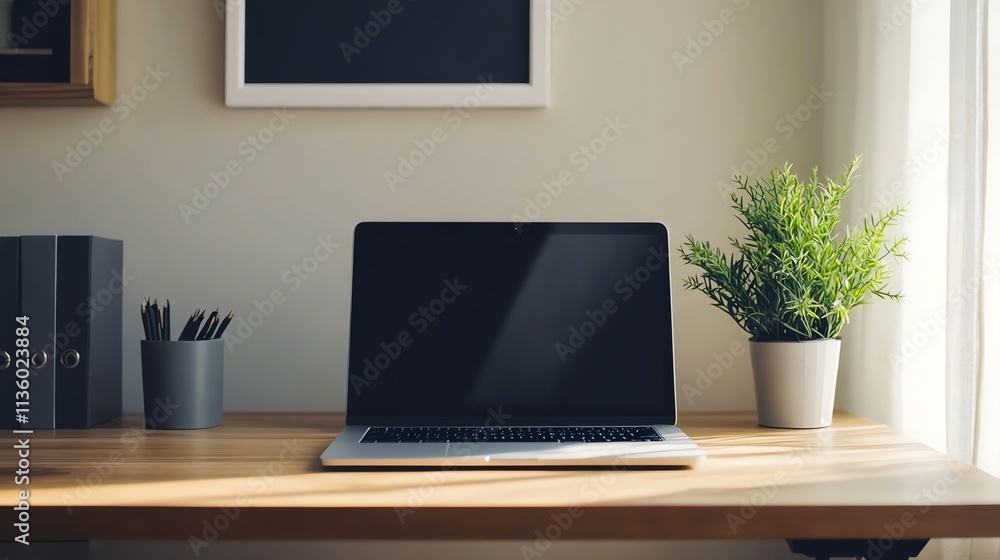 A laptop computer sits on a desk in front of a window.