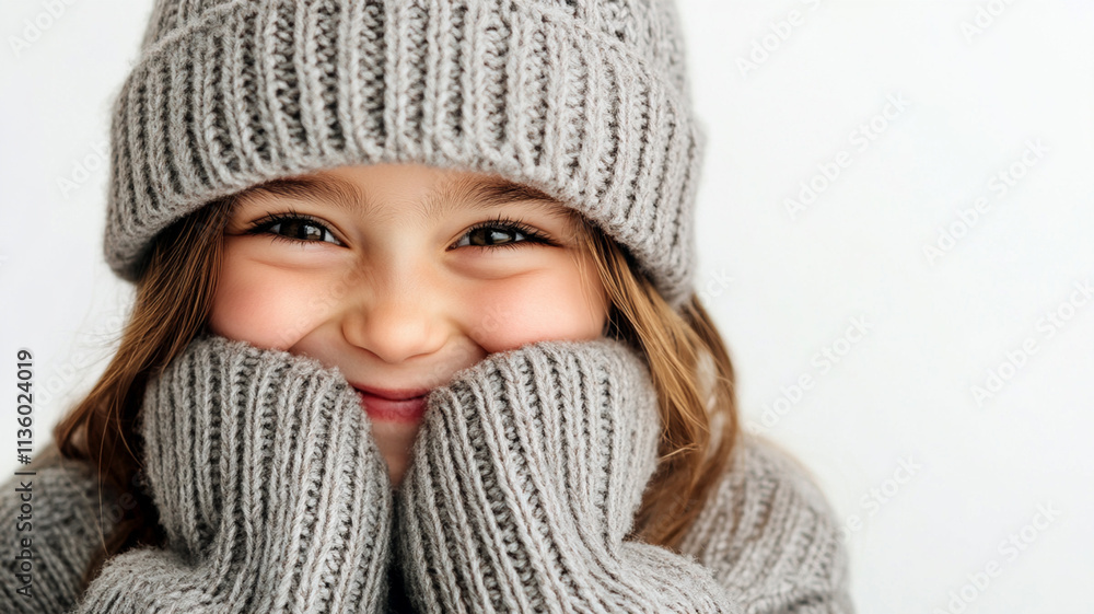 Portrait of a smiling little girl with blue eyes and braids wearing a warm hat and sweater Portrait of a smiling little girl with blue eyes and braids wearing a warm hat and sweater