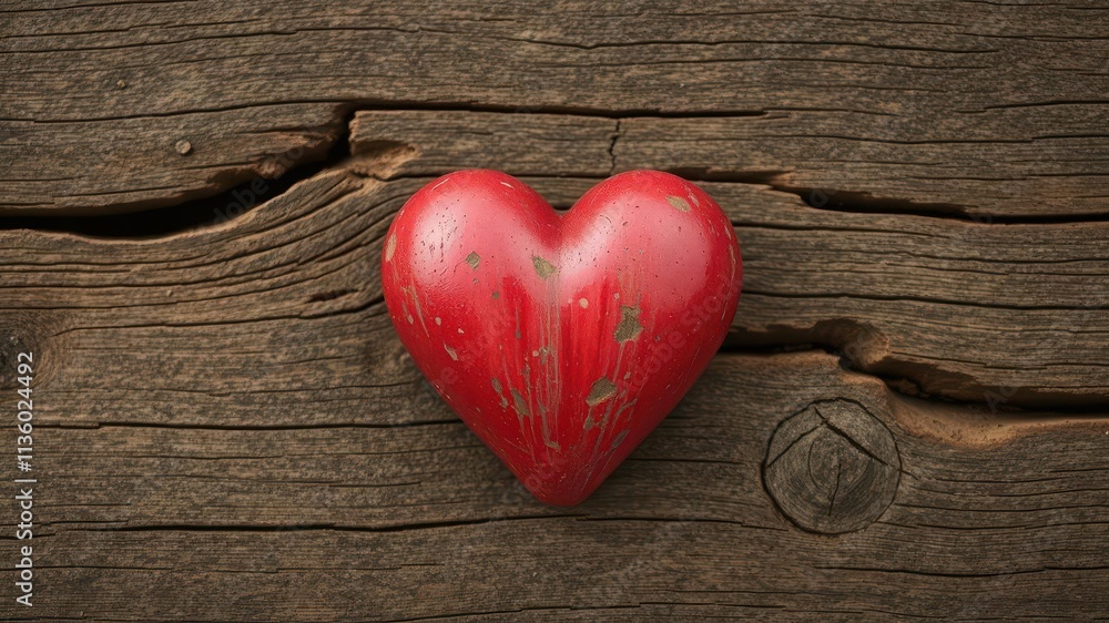 A vibrant red heart rests on rustic, weathered wood, romance, craft, anniversary A vibrant red heart rests on rustic, weathered wood, romance, craft, anniversary