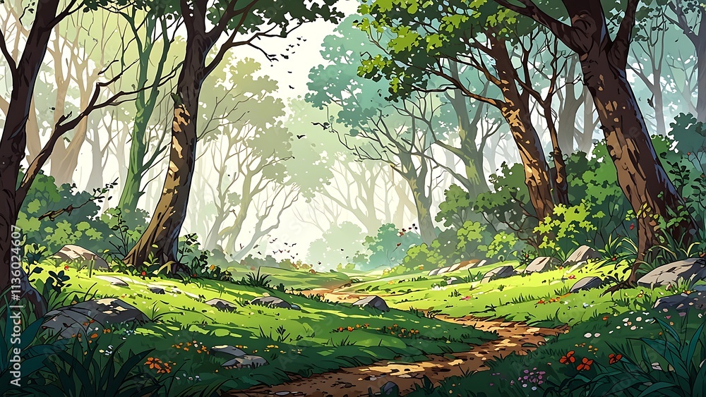 Fototapeta premium A serene forest scene with a winding path, dappled light, and lush greenery.