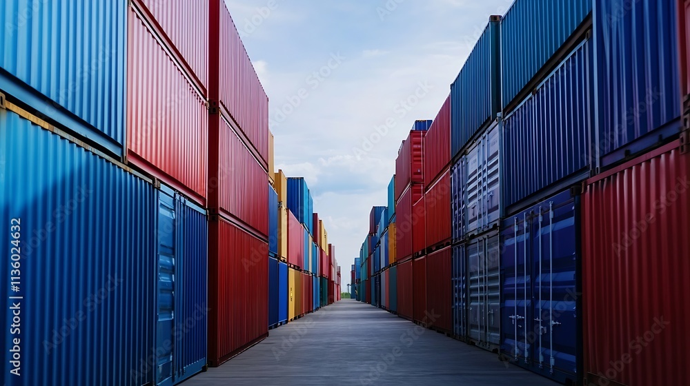 Fototapeta premium Colorful Shipping Containers Stacked in Logistics Port Under Blue Sky : Generative AI