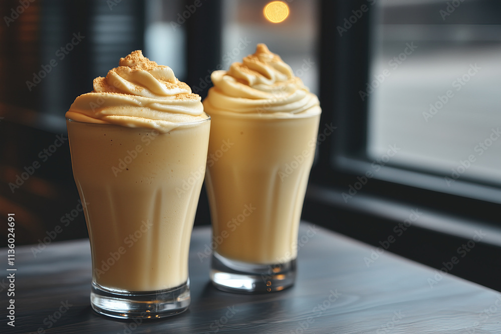 Two banana smoothies with cream on table Two banana smoothies with cream on table
