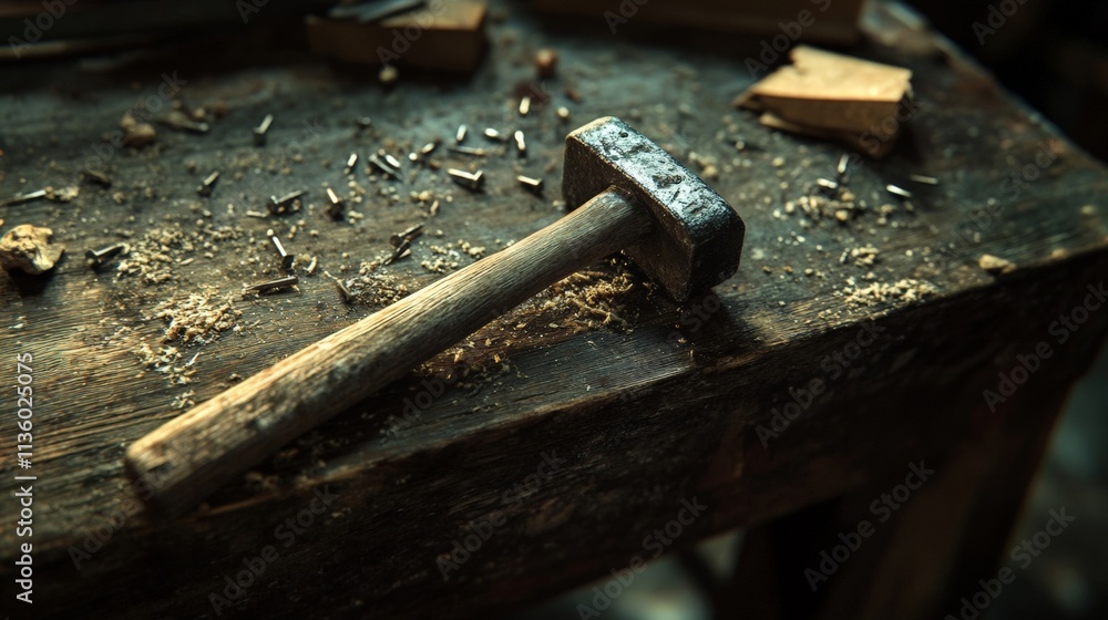 Old Hammer on Wooden Table Surrounded by Nails and Wood Shavings Old Hammer on Wooden Table Surrounded by Nails and Wood Shavings