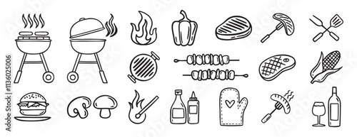 Barbecue grill party doodle hand drawn icon set. Outline drawing BBQ tools charcoal firewood and products line clipart symbol collection 