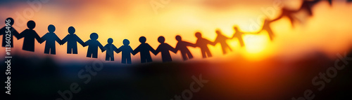 Silhouette of paper people chain against a warm sunset background symbolizing unity and connection.