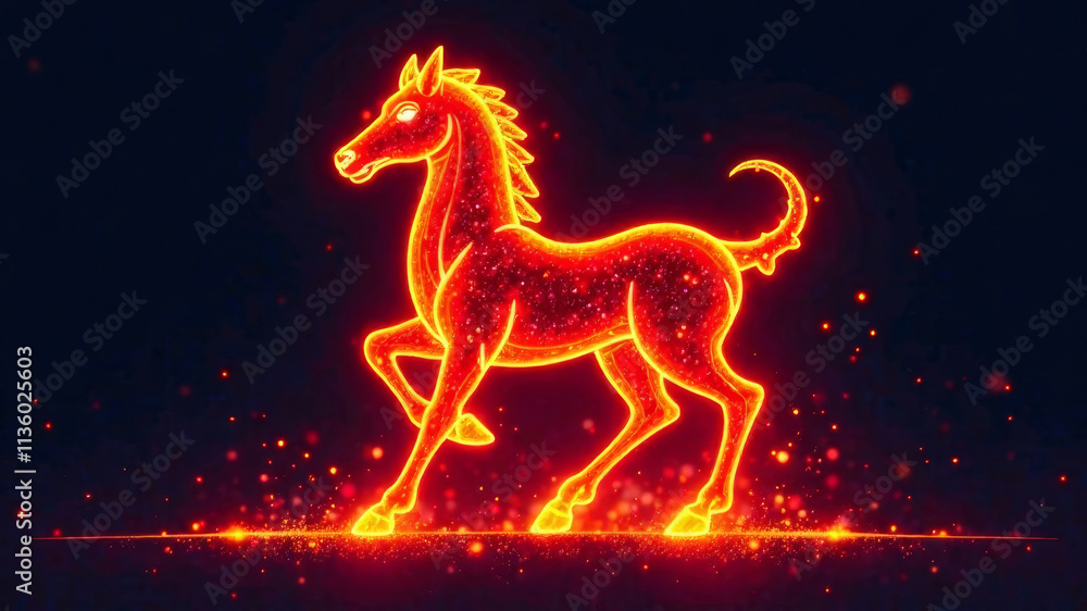 Fire Horse sign illuminated in radiant orange and red lines against a deep black background, evoking the essence of molten lava in an artistic representation Fire Horse sign illuminated in radiant orange and red lines against a deep black background, evoking the essence of molten lava in an artistic representation