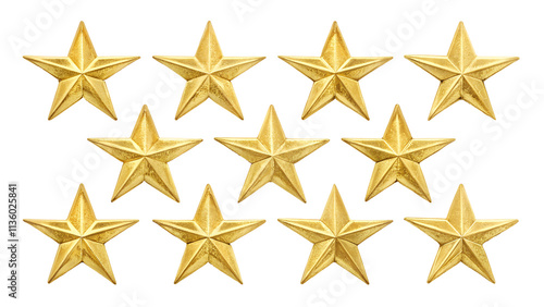 Set of 11 golden stars isolated on white background, PNG transparent.