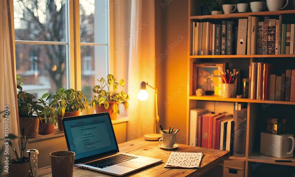 A cozy workspace with a laptop, books, and plants, perfect for productivity and relaxation. A cozy workspace with a laptop, books, and plants, perfect for productivity and relaxation.