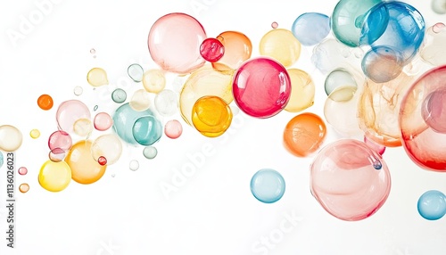 Abstract background with colorful translucent spheres floating on white.  Perfect for design projects needing a vibrant, whimsical touch.