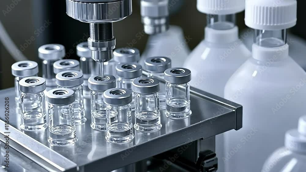 Close-up of automated filling machine dispensing liquid into multiple small glass vials on a metal tray. Close-up of automated filling machine dispensing liquid into multiple small glass vials on a metal tray.