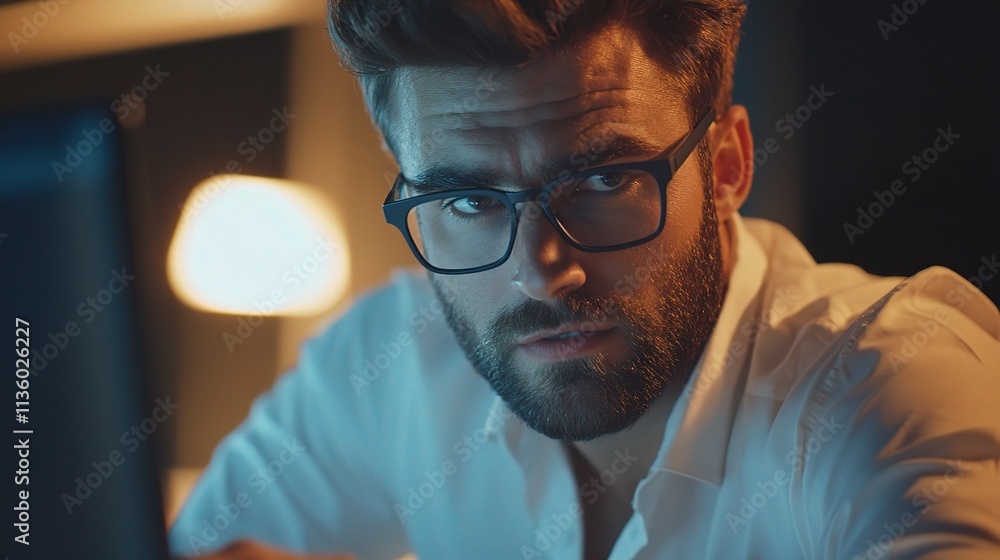 Young Businessman Working Intently at Computer in Modern Office Young Businessman Working Intently at Computer in Modern Office