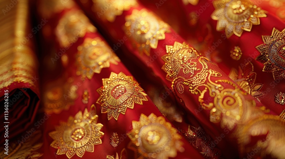 Luxurious Red Fabric with Intricate Gold Pattern for Traditional Attire and Decor Enhancements in Asian Culture Luxurious Red Fabric with Intricate Gold Pattern for Traditional Attire and Decor Enhancements in Asian Culture
