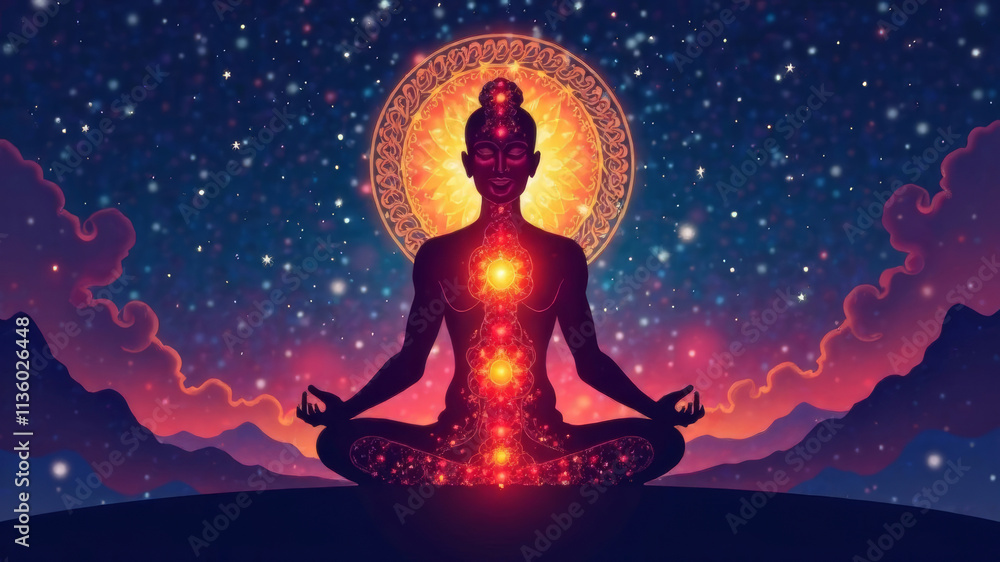 Standing silhouette of a person glowing with meridian energy, depicting chakras and metaphysical connections to the universe in a serene meditation setting Standing silhouette of a person glowing with meridian energy, depicting chakras and metaphysical connections to the universe in a serene meditation setting