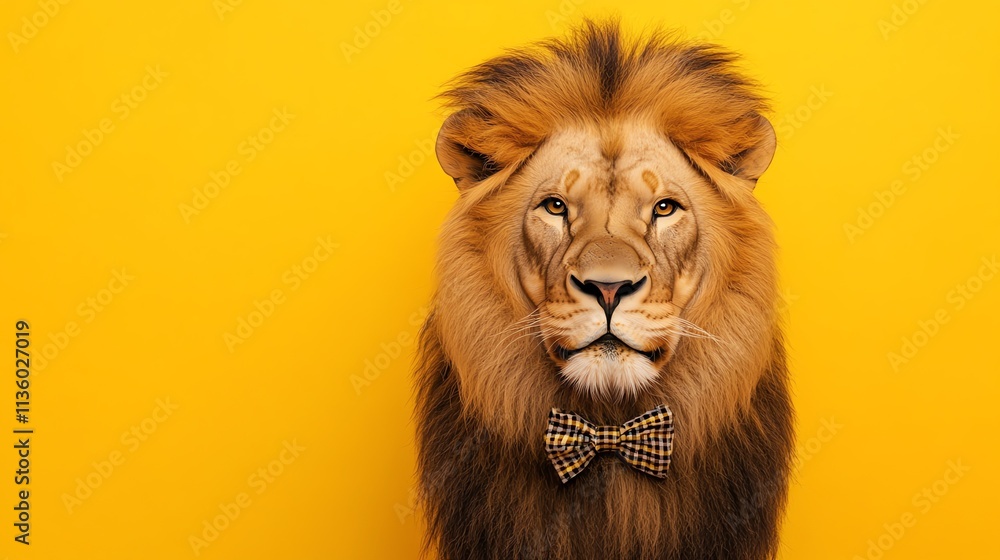 Fototapeta premium A lion with a bow tie on a yellow background.