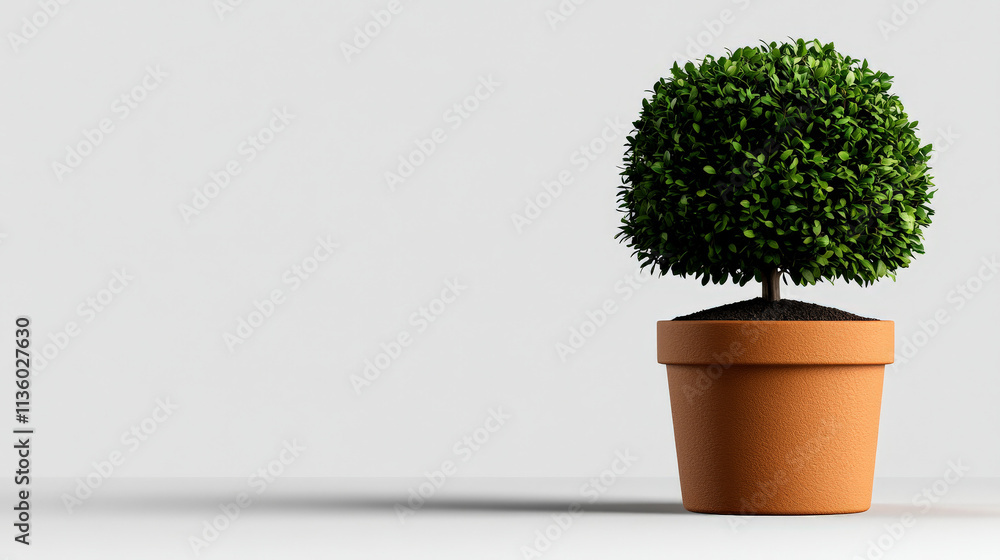 Fototapeta premium Tiny Tree in Terracotta Pot: A single, round, green bush in a terracotta pot stands on a white background, providing a minimalist and elegant touch to your design. 