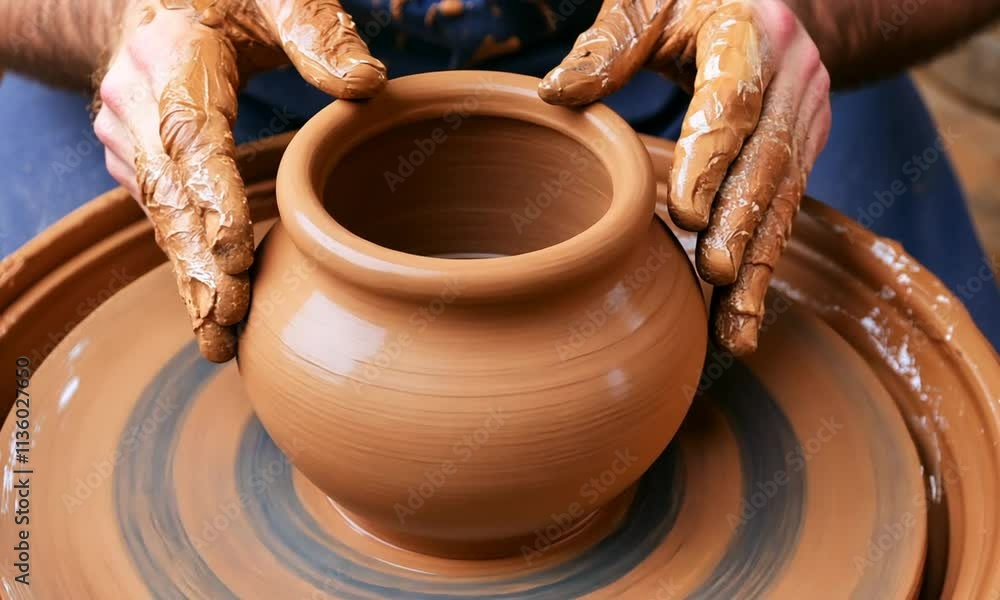 Hands shaping wet clay on a pottery wheel, creating a round earthenware pot. Hands shaping wet clay on a pottery wheel, creating a round earthenware pot.