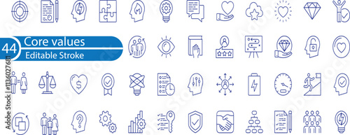 Core values icon collection set. Containing acceptance, achievement, adaptability, authenticity, autonomy, balance, badness icons set and more.