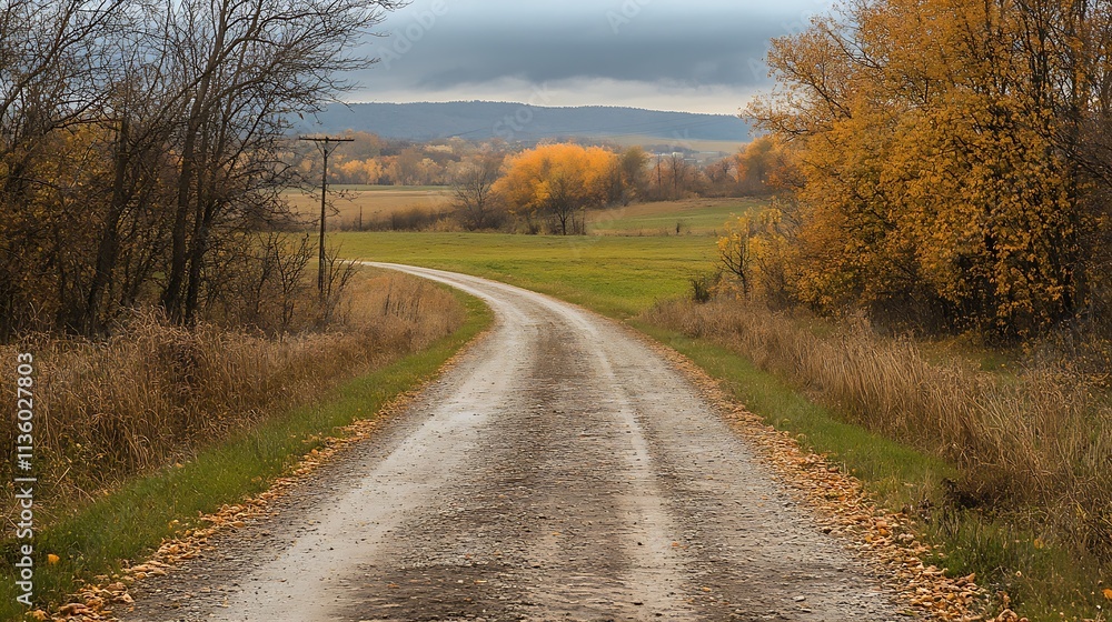 Picturesque Autumn Countryside Road with Falling Leaves and Overcast Sky : Generative AI Picturesque Autumn Countryside Road with Falling Leaves and Overcast Sky : Generative AI