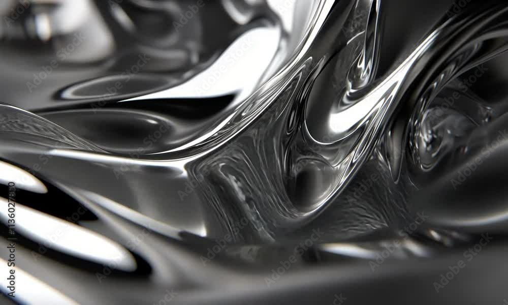 Abstract close-up view of a smooth, reflective metallic surface showcasing intricate fluid dynamics and interplay of light and shadows, creating a mesmerizing visual effect Abstract close-up view of a smooth, reflective metallic surface showcasing intricate fluid dynamics and interplay of light and shadows, creating a mesmerizing visual effect