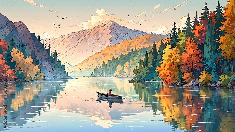 Fototapeta A serene landscape featuring a person in a boat on a calm lake surrounded by autumn trees.