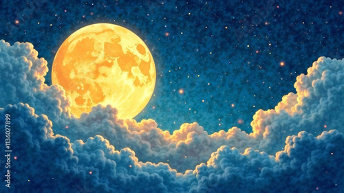 Dreamlike abstract background showcasing a giant glowing moon partially obscured by ethereal clouds in a mystical night sky