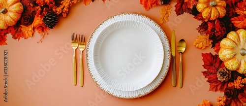 Elegant Autumn Thanksgiving Dinner Place Setting with Gold Cutlery photo